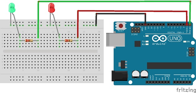 Montage de la carte Arduino UNO avec deux LEDs