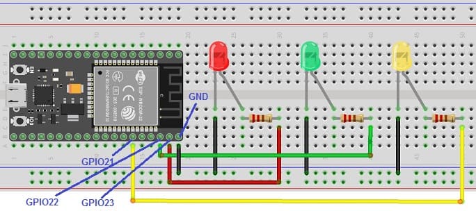 تركيب لوحة ESP32 بثلاثة صمامات ثنائية الباعث للضوء