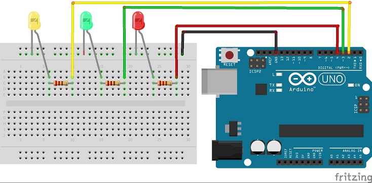 Montage de la carte Arduino UNO avec trois LEDs