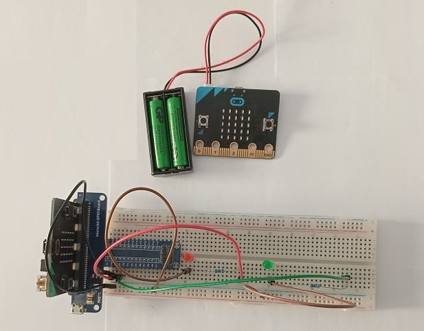 Mounting the Micro:bit board with two LEDs
