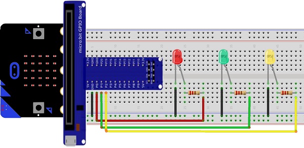 Mounting the Micro:bit board with three LEDs