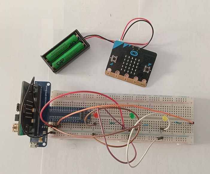 Mounting the Micro:bit board with three LEDs