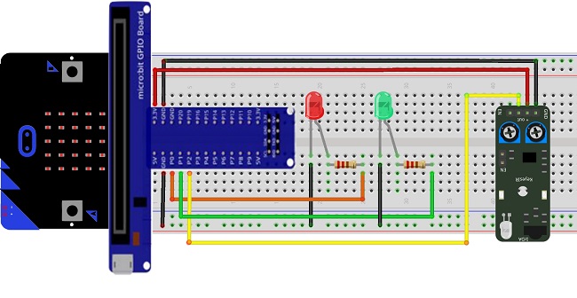 Mounting the Micro:bit board with the KY-032 infrared sensor and two LEDs