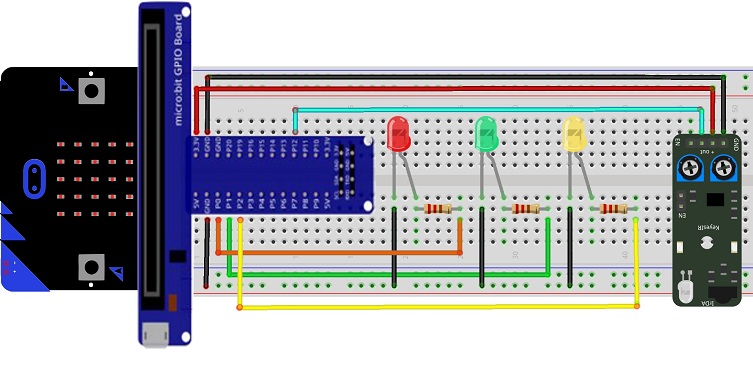 Mounting the Micro:bit board with the KY-032 infrared sensor and three LEDs