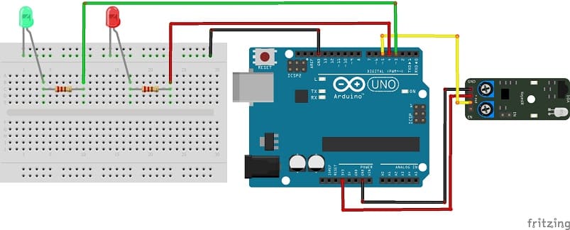 Mounting the Arduino UNO board with the KY-032 infrared sensor and twoLEDs