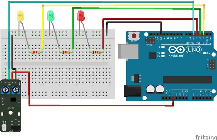 Montage de la carte Arduino UNO avec le capteur infrarouge KY-032 et trois LEDs
