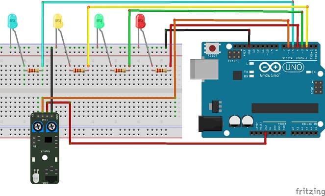 Montage de la carte Arduino UNO avec le capteur infrarouge KY-032 et quatre LEDs
