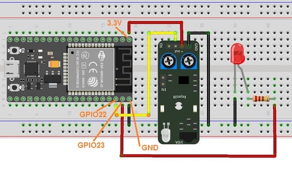 تركيب بطاقة ESP32 مع الصمام و مستشعر الأشعة تحت الحمراء KY-032