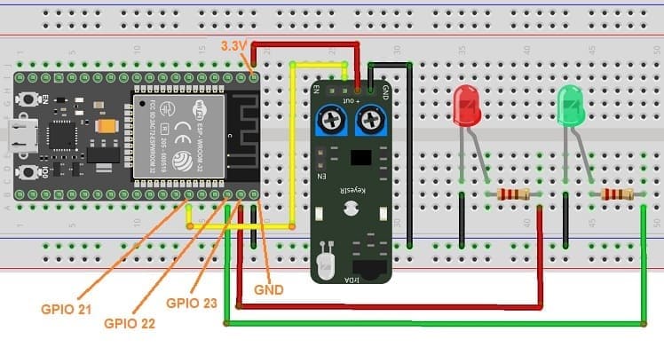 تركيب بطاقة ESP32 مع الصمامين و مستشعر الأشعة تحت الحمراء KY-032