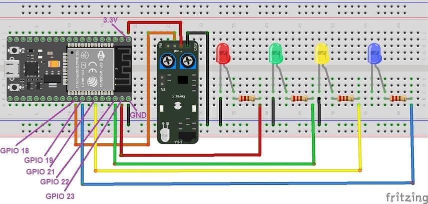 Mounting the ESP32 board with the KY-032 infrared sensor and four LEDs