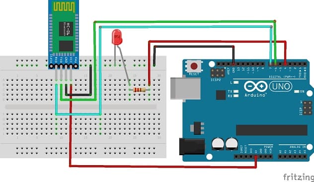 Mounting the Arduino UNO board with the HC-06 Bluetooth Module and LED