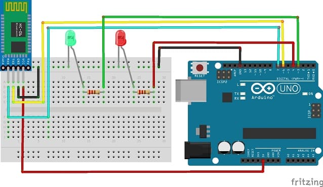 Montage de la carte Arduino UNO avec deux LEDs et le module HC-06