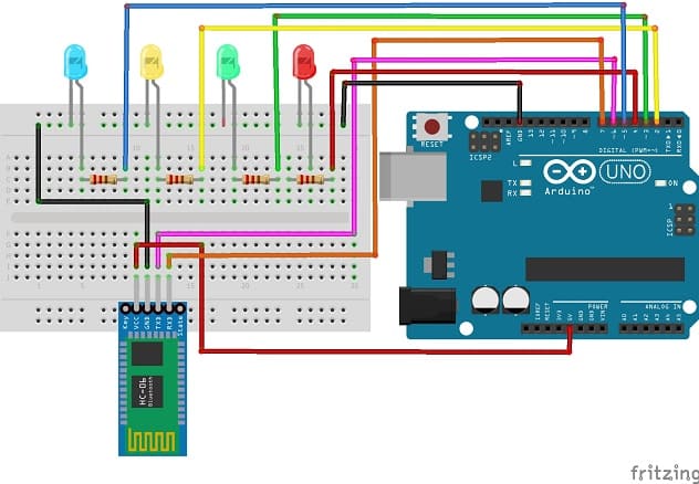 Mounting the Arduino UNO board with the HC-06 Bluetooth Module and four LEDs