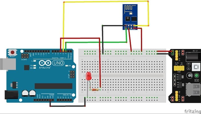 Montage de la carte Arduino UNO avec le module WIFI ESP8266 et une LED