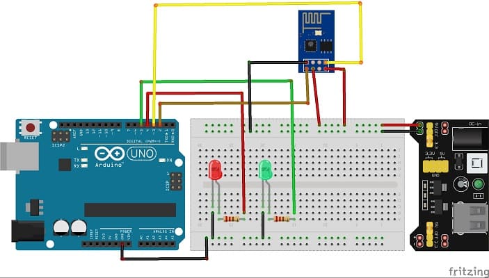 Mounting the Arduino UNO board with the ESP8266 Module and two LEDs