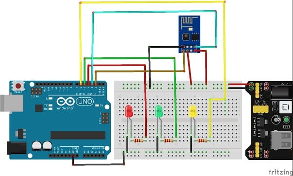 تركيب لوحة الأردوينو بثلاثة صمامات ثنائية باعثة للضوء و وحدة ESP8266