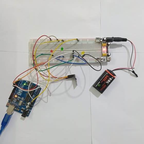 Mounting the Arduino UNO board with the ESP8266 Module and three LEDs