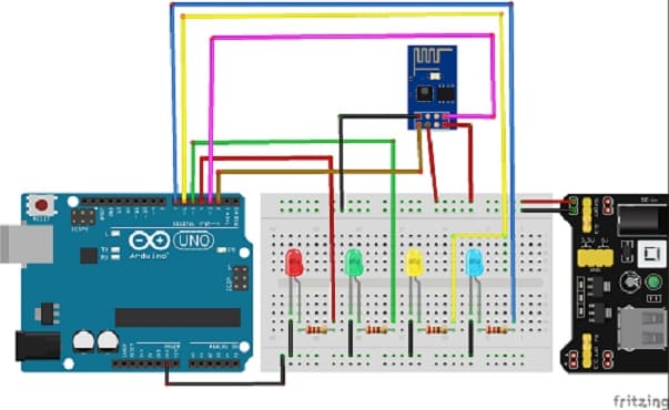 تركيب لوحة الأردوينو بأربعة صمامات ثنائية باعثة للضوء و وحدة ESP8266