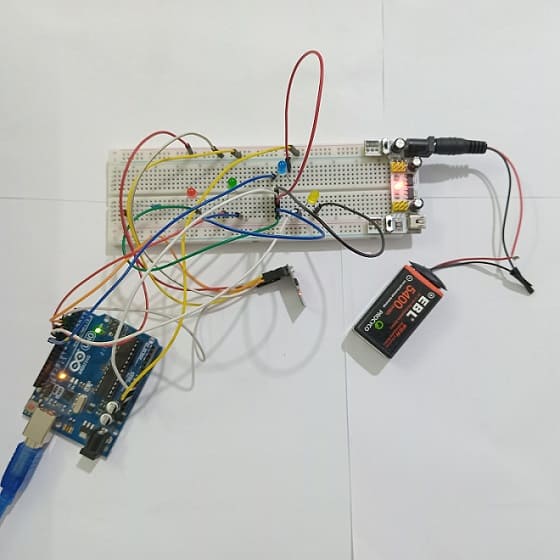 Mounting the Arduino UNO board with the ESP8266 Module and four LEDs