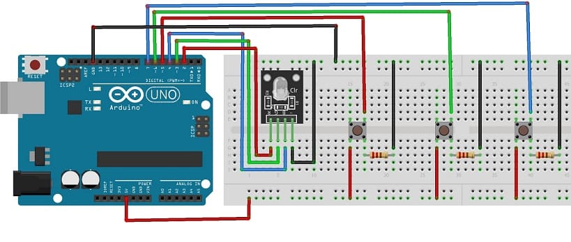 تركيب لوحة الأردوينو بالصمام ثلاثي الألوان و أزرار الضغط