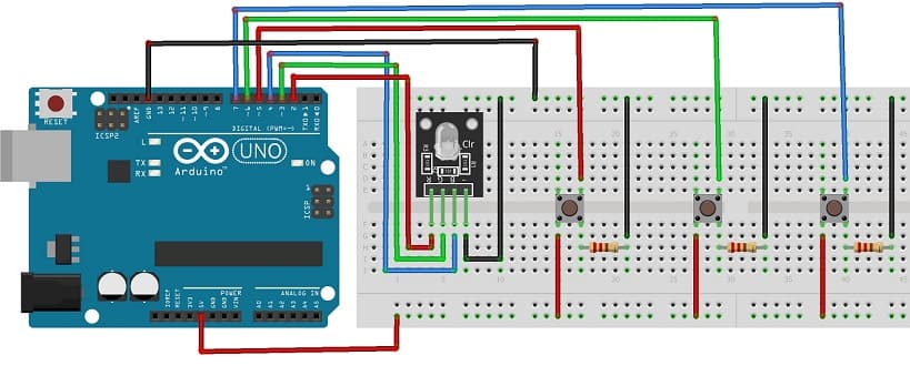 Montage de la carte Arduino UNO avec le module LED RGB et les boutons poussoirs