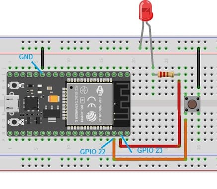 تركيب لوحة ESP32 بالصمام الثنائي الباعث للضوء و زر الضغط