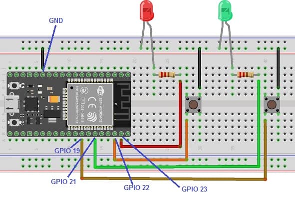 Mounting the ESP32 board with two LEDs and push buttons