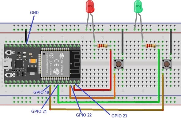Montage de la carte ESP32 avec deux LEDs et deux boutons poussoirs
