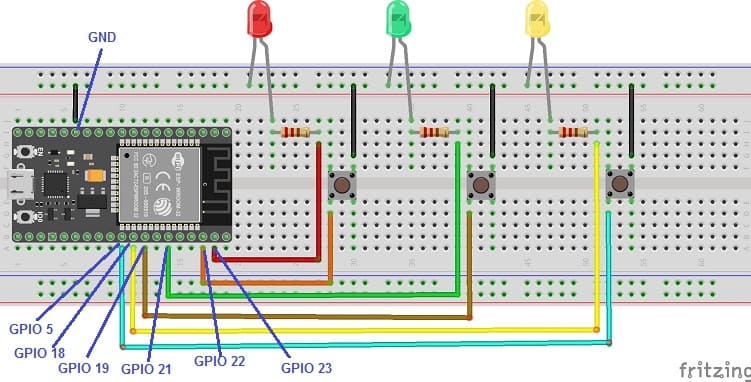 تركيب لوحة ESP32 بثلاثة صمامات و أزرار الضغط