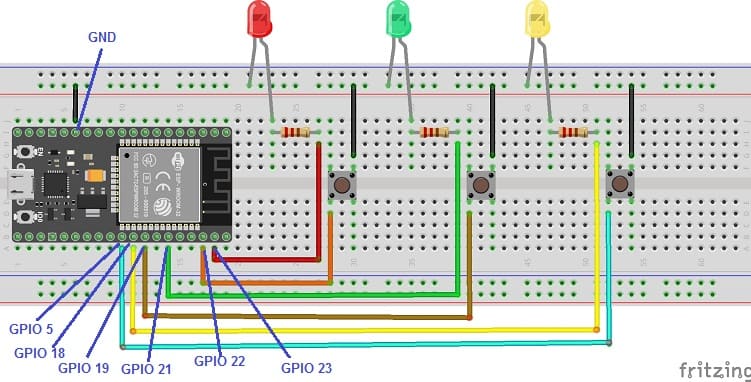 Montage de la carte ESP32 avec trois LEDs et trois boutons poussoirs