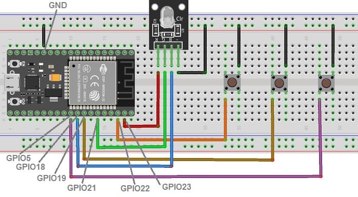 تركيب لوحة ESP32 بالصمام ثلاثي الألوان و أزرار الضغط