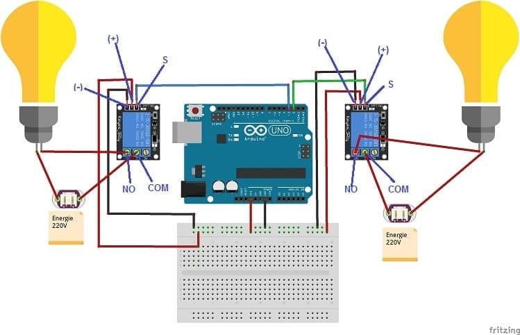 Montage de la carte Arduino UNO avec deux lampes et deux relais