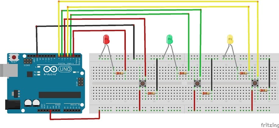 Mounting the Arduino UNO board with three LEDs and push button