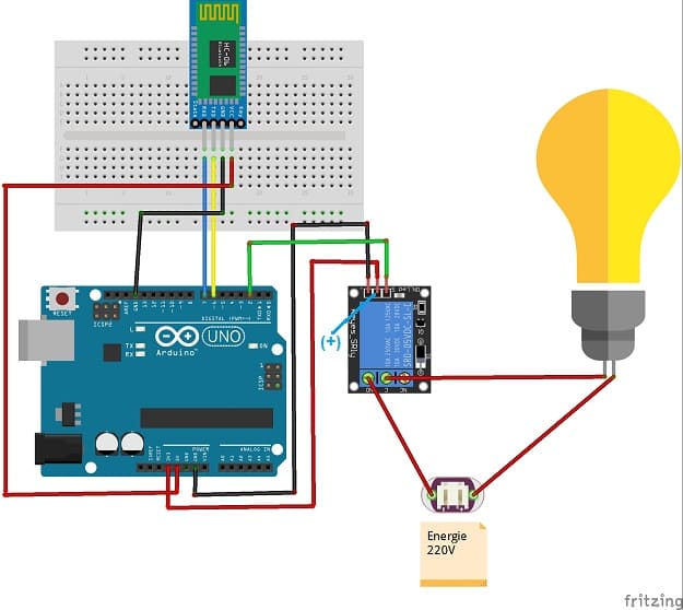 Montage de la carte Arduino UNO avec une lampe, le relais et le module HC-06