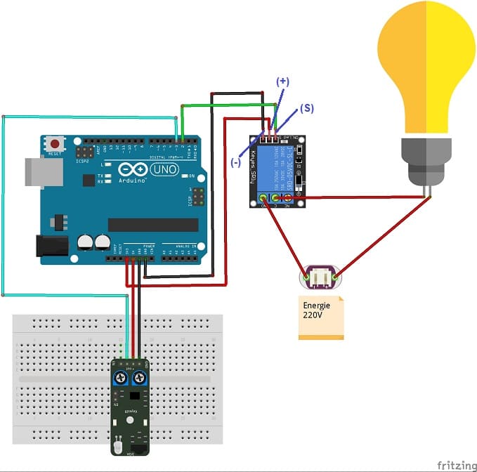 Mounting the Arduino UNO with the KY-032 infrared sensor, a lamp and a relay