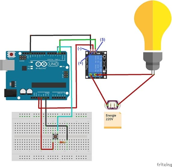 Montage de la carte Arduino UNO avec une lampe et le boutons poussoir