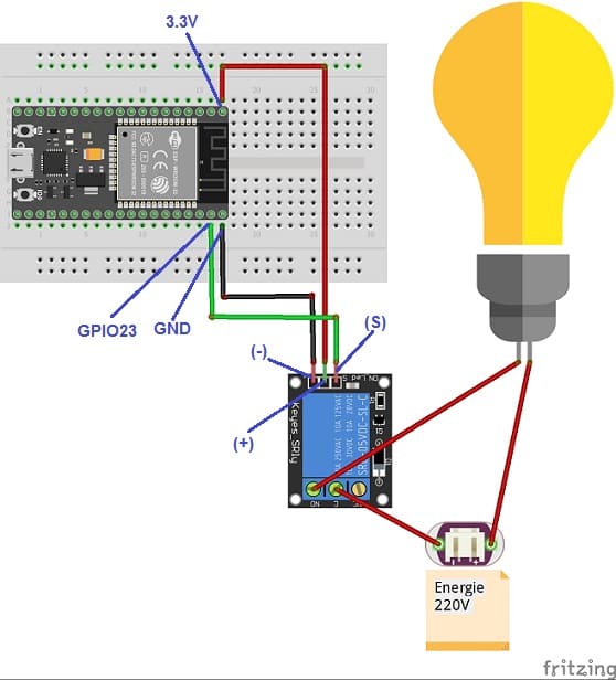 تركيب لوحة ESP32 بالمصباح و بالتتابع JQC-3FF-S-Z