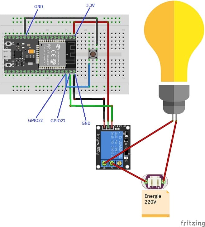 Montage de la carte ESP32 avec une lampe, un relais et un bouton poussoir