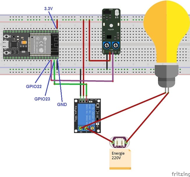 تركيب بطاقة ESP32 مع المصباح و وحدة التتابع و مستشعر الأشعة تحت الحمراء KY-032