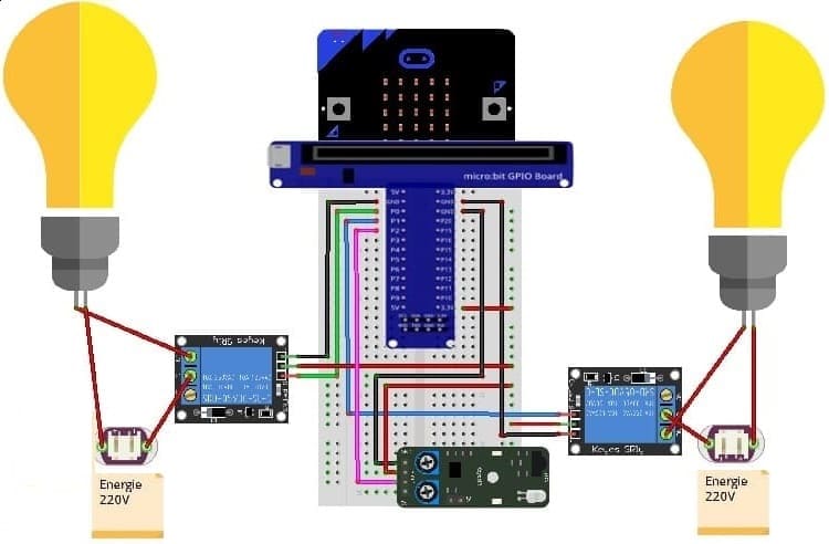 ربط لوحة المايكروبيت مع المصباحين و مستشعر الأشعة تحت الحمراء KY-032