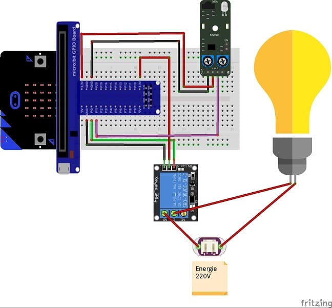 Mounting the Micro:bit board with the KY-032 infrared sensor and a lamp