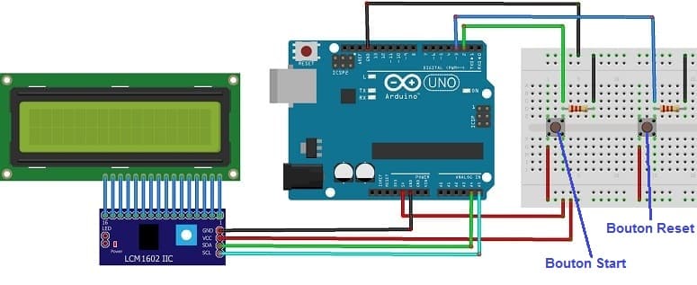 Schéma de câblage de la carte Arduino UNO avec l'afficheur LCD I2C et les boutons poussoirs