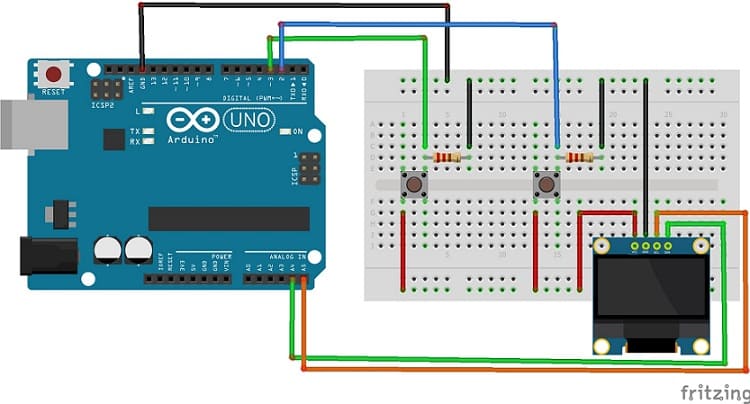 Schéma de câblage de la carte Arduino UNO avec l'afficheur SSD1306 et les boutons poussoirs