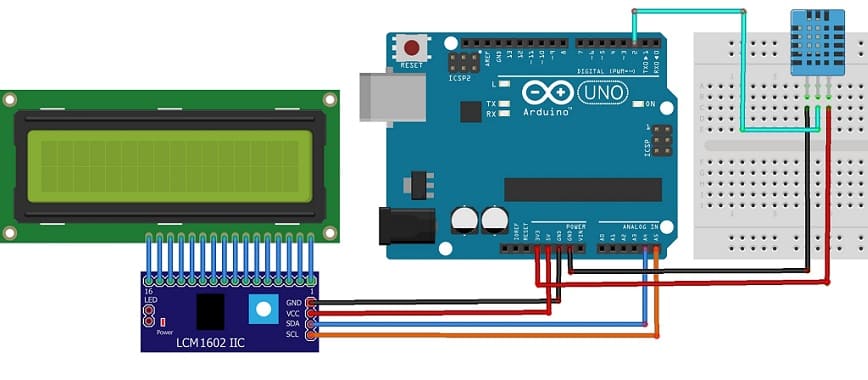 مخطط الأسلاك للوحة الأردوينو مع مستشعر DHT11 وشاشة I2C LCD