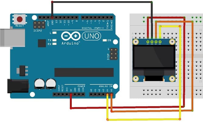 Arduino board wiring diagram with SSD1306 display