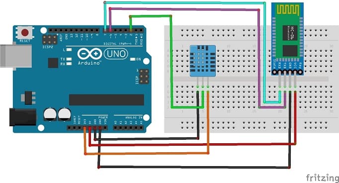 مخطط الأسلاك للوحة الأردوينو مع مستشعر DHT11 ووحدة البلوتوث HC-06