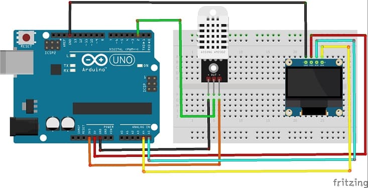 مخطط الأسلاك للوحة الأردوينو مع مستشعر DHT22 و شاشة SSD1306