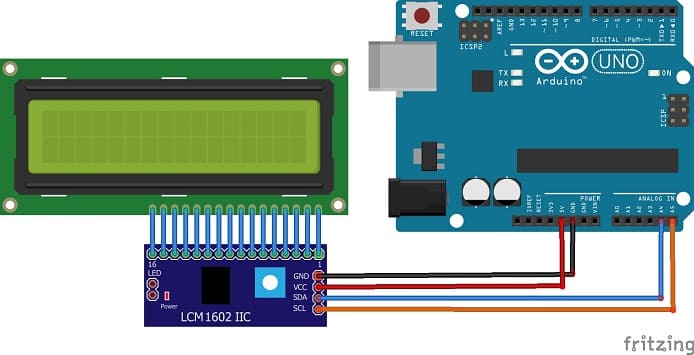 مخطط توصيلات لوحة الاردوينو مع شاشة LCD I2C 2X16