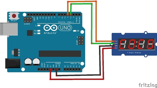 Arduino board wiring diagram with TM1637 display