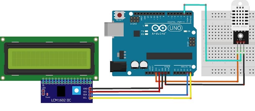 Mounting the Arduino board with the DHT22 sensor and the I2C LCD display